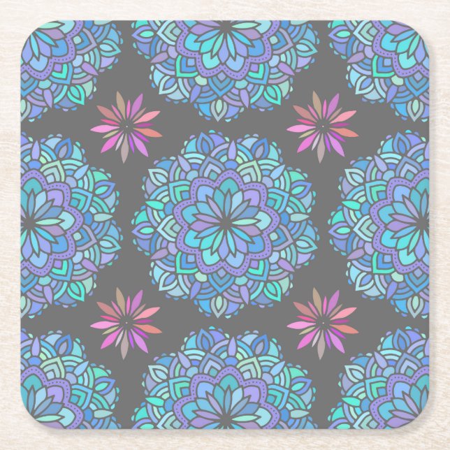 Posavasos Cuadrado De Papel Mandalas de Flor Azul (Anverso)