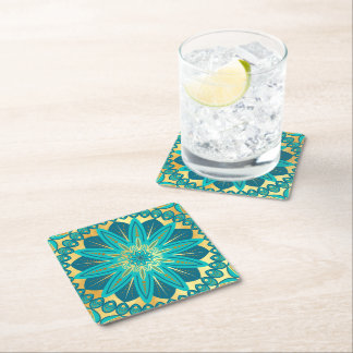 Posavasos Cuadrado De Papel Mandalas de Flor de Oro Azul