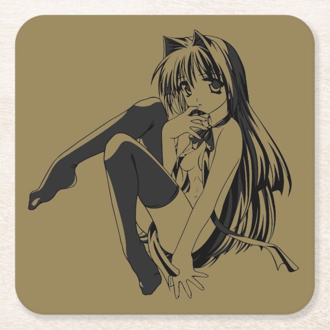 Posavasos Cuadrado De Papel Manga, Neko Catgirl Furry Kawaii Loli (Anverso)