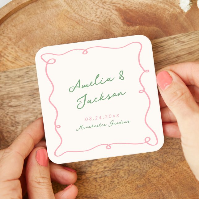 Posavasos Cuadrado De Papel Mano caprichosa dibuja toallas de Boda verde y ros (Subido por el creador)