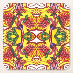 Posavasos Cuadrado De Papel Mano Dibujada: Elegancia Ornamental Floral.