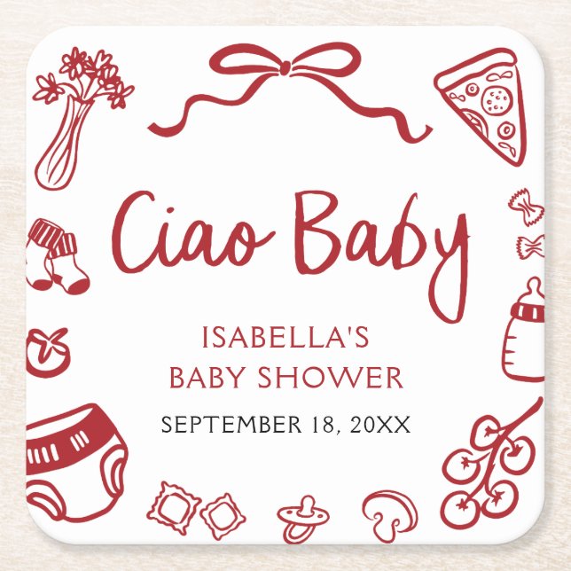 Posavasos Cuadrado De Papel Mano roja italiana dibuja pizza Ciao Baby Baby Sho (Anverso)