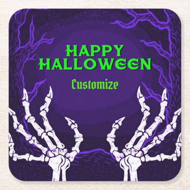 Posavasos Cuadrado De Papel Manos de esqueleto morado (Anverso)