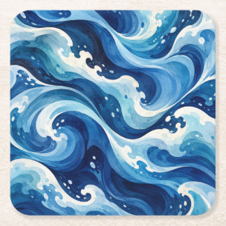 Posavasos Cuadrado De Papel Manta abstracta de olas de océano azul acuarela co