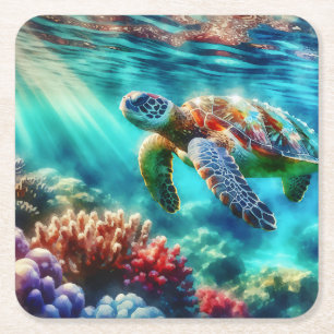 Posavasos Cuadrado De Papel Manteniéndose en contacto   Tortuga marina nadando
