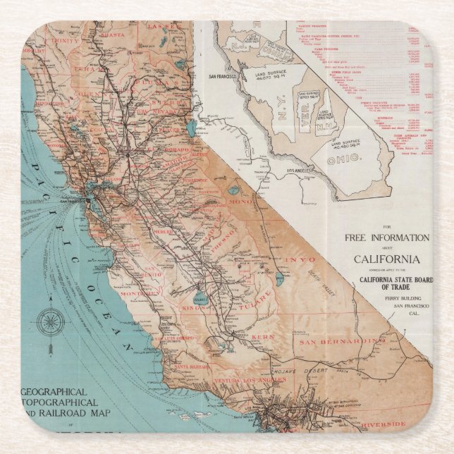 Posavasos Cuadrado De Papel Mapa de California 2 (Anverso)