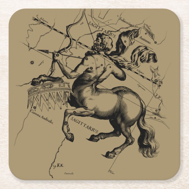 Posavasos Cuadrado De Papel Mapa de constelación de Sagittarius Hevelius 1690 (Anverso)
