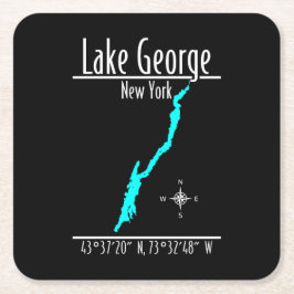 Posavasos Cuadrado De Papel Mapa de coordenadas de la costa del lago George, N