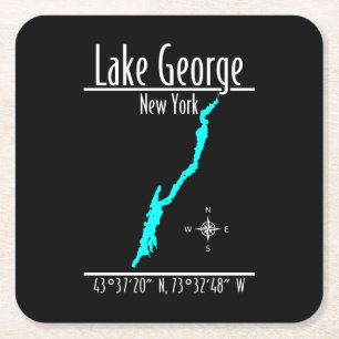 Posavasos Cuadrado De Papel Mapa de coordenadas de la costa del lago George, N