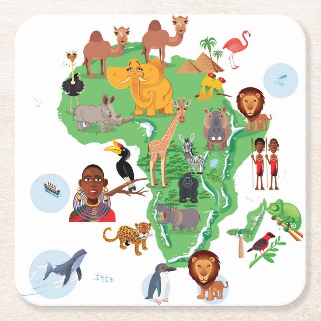 Posavasos Cuadrado De Papel Mapa de los animales de África (Anverso)