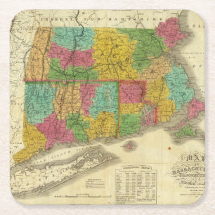 Posavasos Cuadrado De Papel Mapa de Massachusetts y de Connecticut