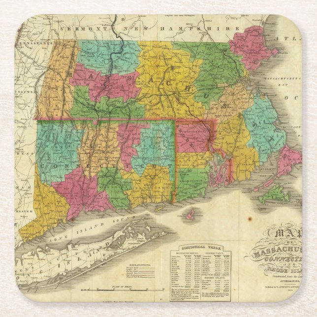 Posavasos Cuadrado De Papel Mapa de Massachusetts y de Connecticut (Anverso)