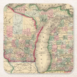 Posavasos Cuadrado De Papel Mapa de Michigan, Wisconsin de Mitchell