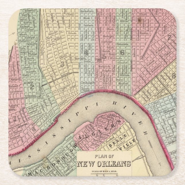 Posavasos Cuadrado De Papel Mapa de New Orleans de Mitchell (Anverso)
