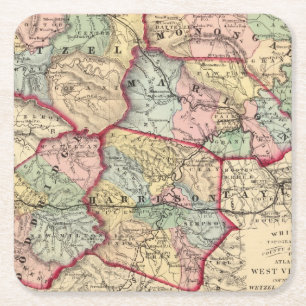 Posavasos Cuadrado De Papel Mapa de Wetzel, Monongalia, Marion, Doddridge