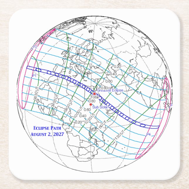 Posavasos Cuadrado De Papel Mapa del eclipse solar total de 2027 (Anverso)