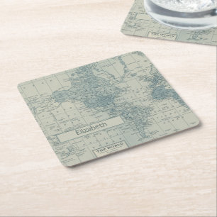 Posavasos Cuadrado De Papel Mapa del mundo vintage personaliza tu propio nombr
