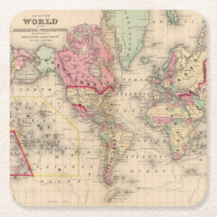 Posavasos Cuadrado De Papel Mapa del proj de Mercator del mundo de Mitchell