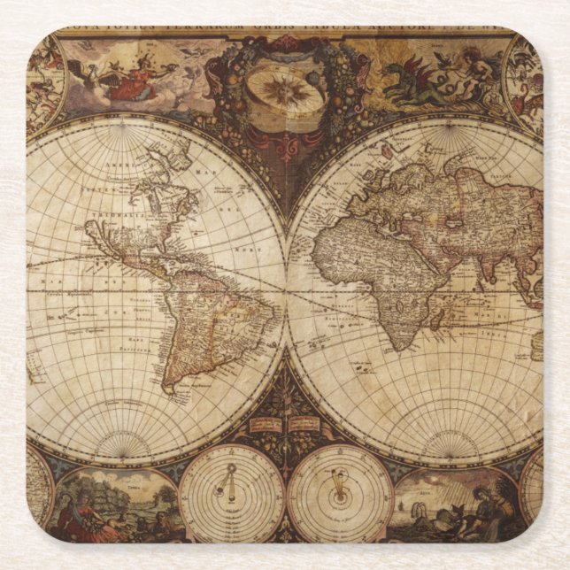 Posavasos Cuadrado De Papel Mapa del vintage (Anverso)
