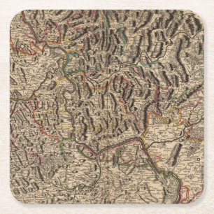 Posavasos Cuadrado De Papel Mapa grabado del valle del río Rhine