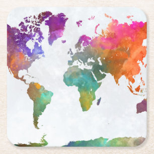 Posavasos Cuadrado De Papel Mapa Mundial de Acuarela