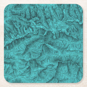 Posavasos Cuadrado De Papel Mapa topográfico de montaña azul