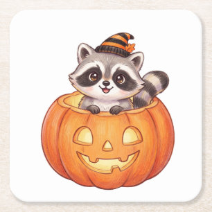 Posavasos Cuadrado De Papel Mapache de Halloween lindo en calabaza de Jack-o'-