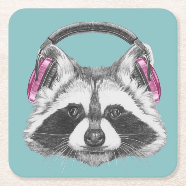 Posavasos Cuadrado De Papel Mapache de los auriculares (Anverso)