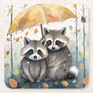 Posavasos Cuadrado De Papel Mapaches Adorables en la Lluvia