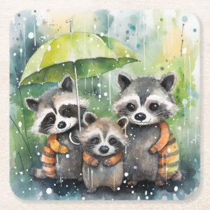 Posavasos Cuadrado De Papel Mapaches Adorables en la Lluvia