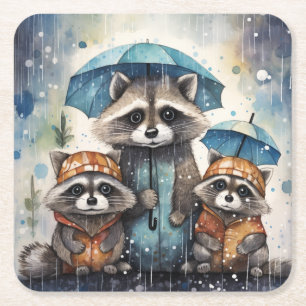 Posavasos Cuadrado De Papel Mapaches Lindos en la Lluvia