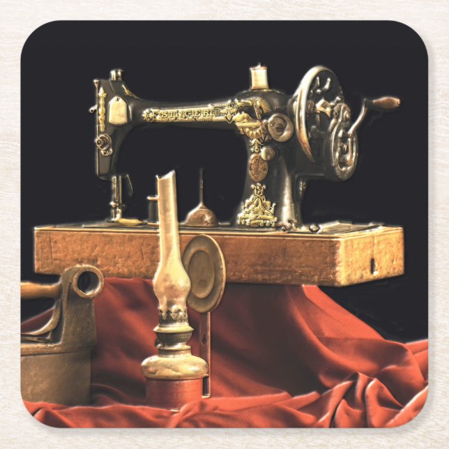 Posavasos Cuadrado De Papel Máquina de coser de época (Anverso)