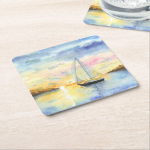 Posavasos Cuadrado De Papel Mar al atardecer