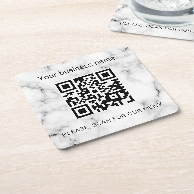 Posavasos Cuadrado De Papel Marble bar restaurante menú escanear código qr (En perspectiva)