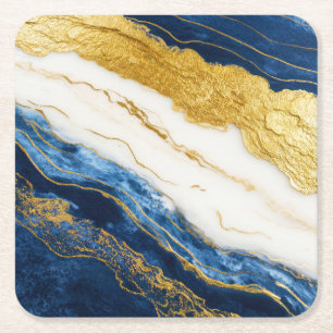 Posavasos Cuadrado De Papel Marble de hojas de oro y azul de la marina de lujo