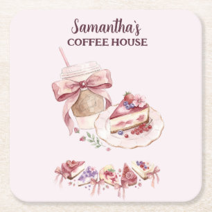Posavasos Cuadrado De Papel Marca de Café Patisserie Acuarela Rosa Rubor