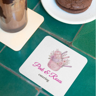 Posavasos Cuadrado De Papel Marca de negocio de catering Pink and Roses