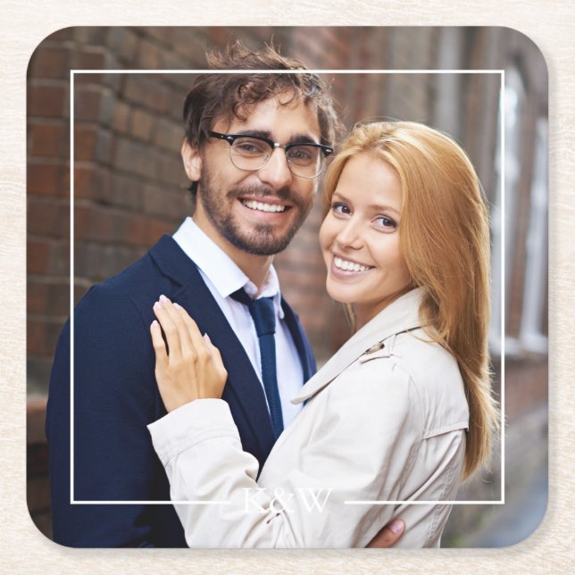 Posavasos Cuadrado De Papel Marco Cuadrado Moderno con Foto Monogramada (Anverso)