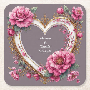 Posavasos Cuadrado De Papel Marco de Corazón Elegante Decorado con Rosas Rosad