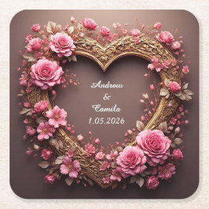 Posavasos Cuadrado De Papel Marco de Corazón Elegante Decorado con Rosas Rosad