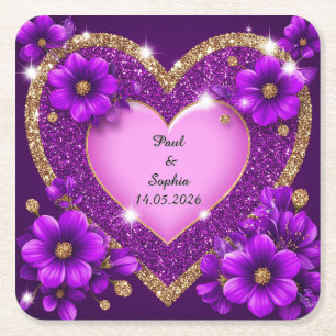 Posavasos Cuadrado De Papel Marco de Corazón Morado con Brillo y Flores