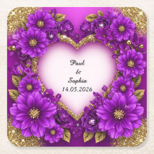 Posavasos Cuadrado De Papel Marco de Corazón Morado con Brillo y Flores