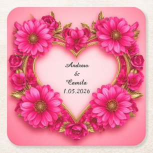 Posavasos Cuadrado De Papel Marco de Flor en Forma de Corazón con Flores Rosad