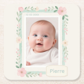 Posavasos Cuadrado De Papel Marco de Foto Vacío Floral Acuarela Pastel