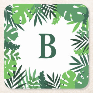 Posavasos Cuadrado De Papel Marco de hojas de palmera tropicales verdes