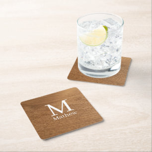 Posavasos Cuadrado De Papel marco de madera marrón patrón de monograma de nomb