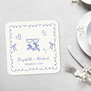 Posavasos Cuadrado De Papel Marco de Onda Azul Caprichoso Bodas de Crema