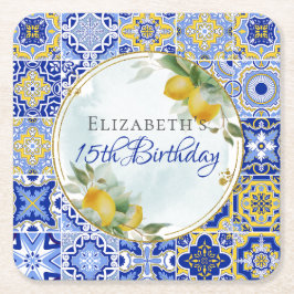 Posavasos Cuadrado De Papel Marco de Purpurina de oro de azulejos azules de Gr