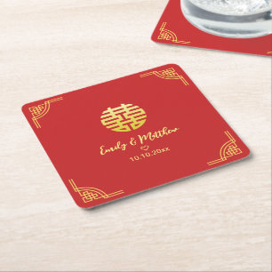 Posavasos Cuadrado De Papel Marco dorado para boda china doble xi