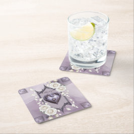 Posavasos Cuadrado De Papel Marco floral con corazón y rosas blancas